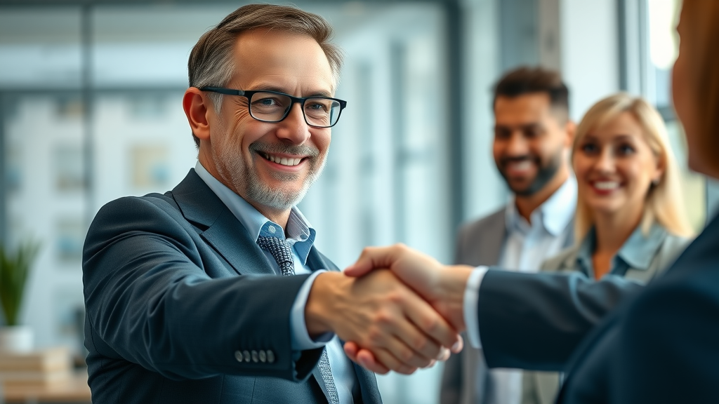 reputation marketing trustworthy business leader handshake with satisfied clients modern office