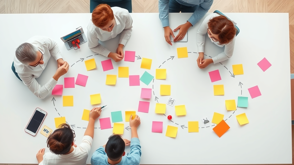 Creative graphical illustration of B2B customer journey map with team collaborating using sticky notes and arrows