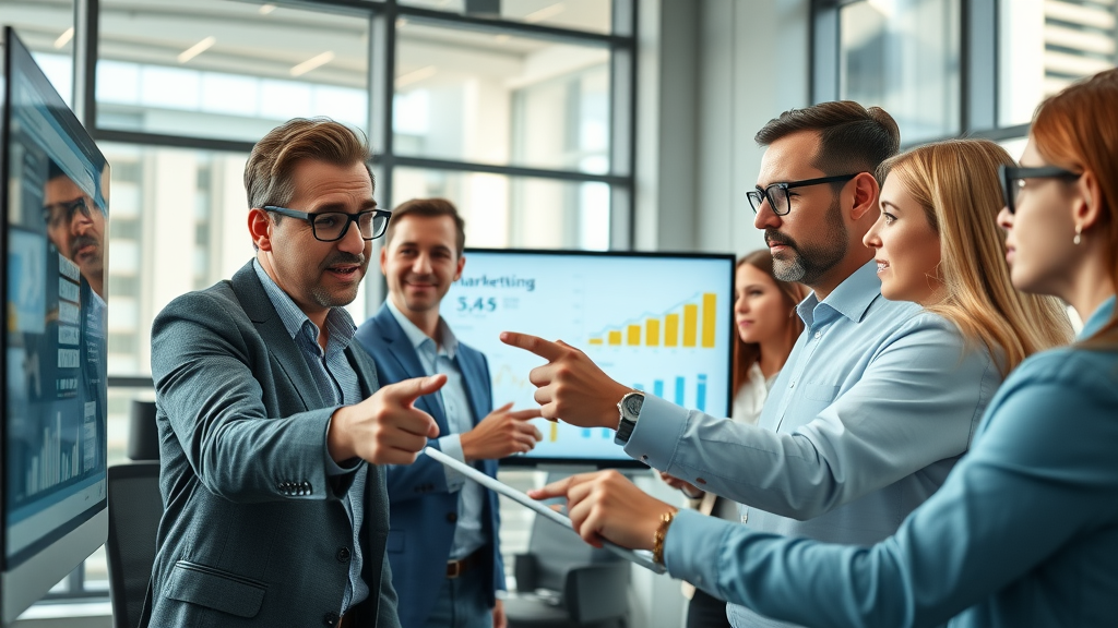 insightful business meeting professionals analyzing B2B social media strategy metrics in modern office