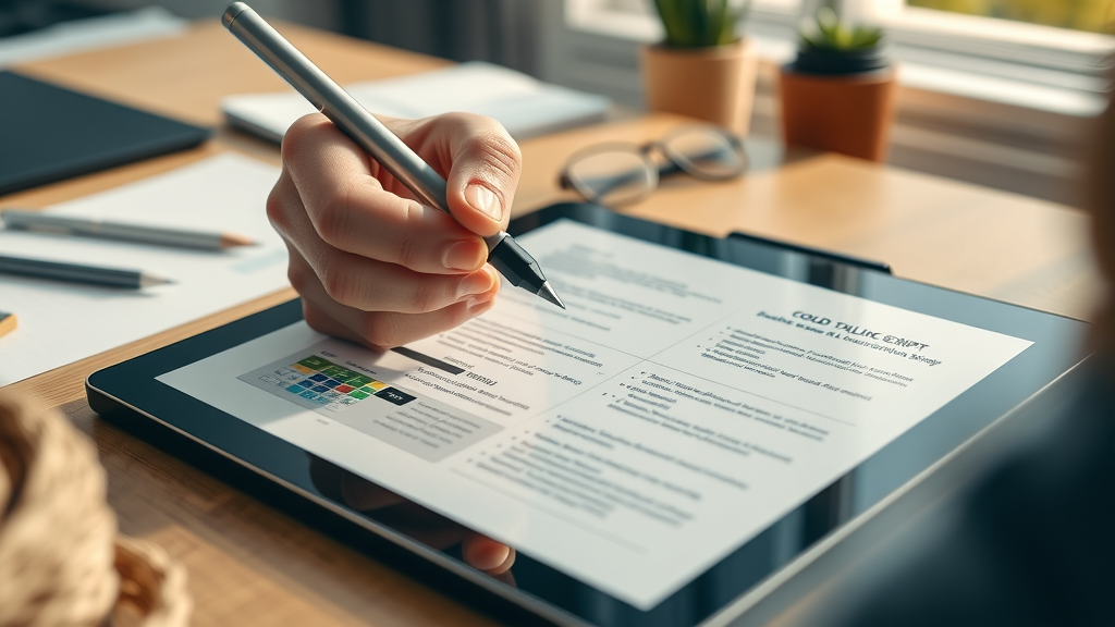 Example of B2B cold calling script on tablet with stylus modern office