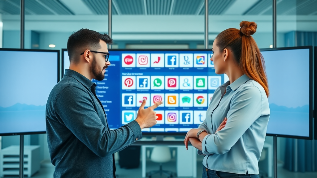 marketers comparing B2B social media platforms on a digital dashboard in an office