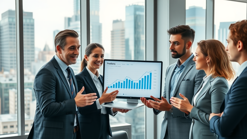 dynamic business professionals using b2b lead generation strategies in a modern office, analyzing sales graphs, team collaboration, cityscape background