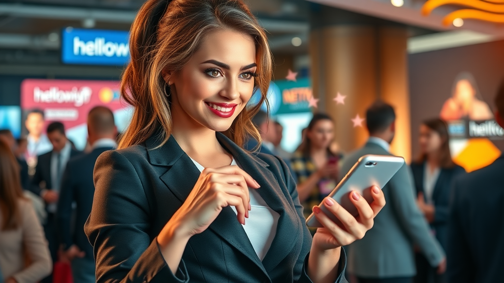 businesswoman using mobile device, engaging in social media to amplify B2B brand reputation