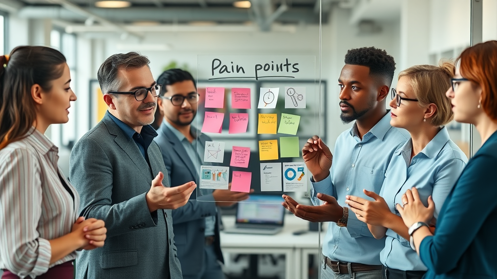 Diverse marketing team analyzing pain points and brainstorming solutions for B2B strategies on a glass board with diagrams.