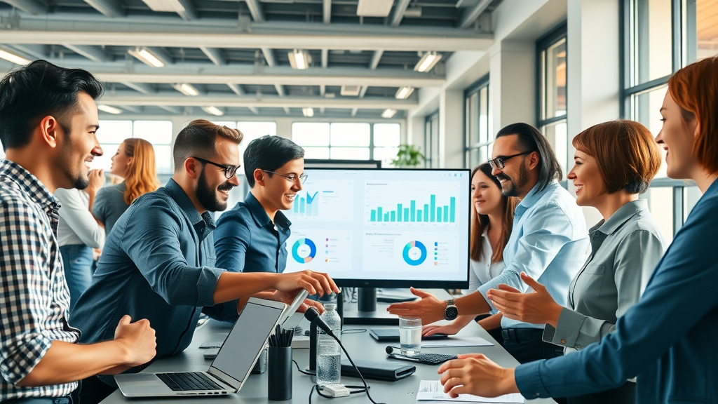 Marketing team collaborating on B2B digital lead generation and analytics. Open-plan workspace, energetic team, digital screens showing funnel metrics.