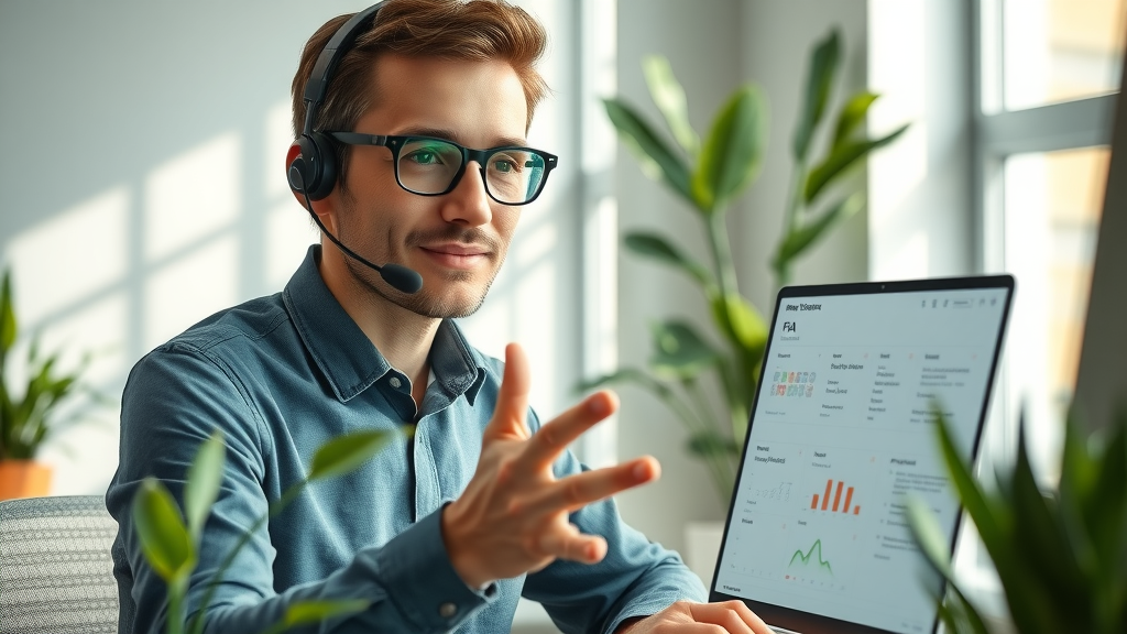 support representative assisting client with FAQ dashboard for content marketing metrics, modern client service office