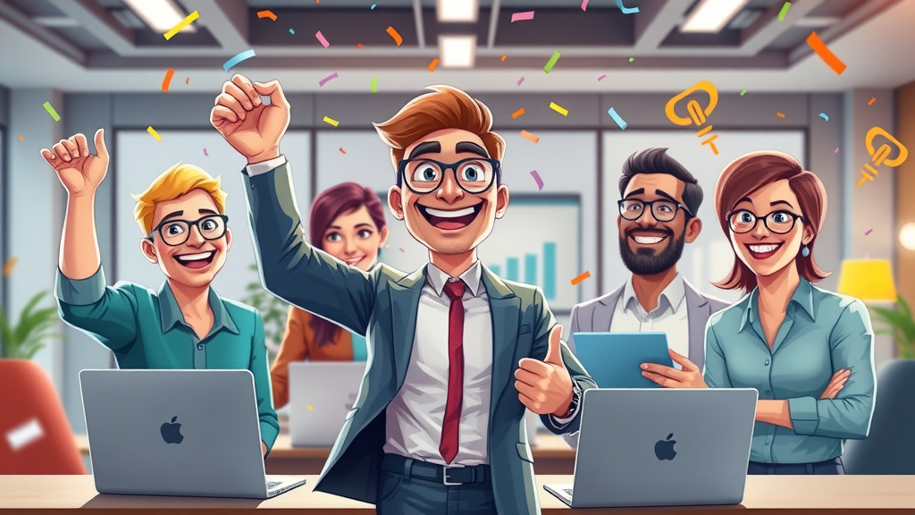 inspired digital marketing manager celebrating social media reputation management milestones in B2B