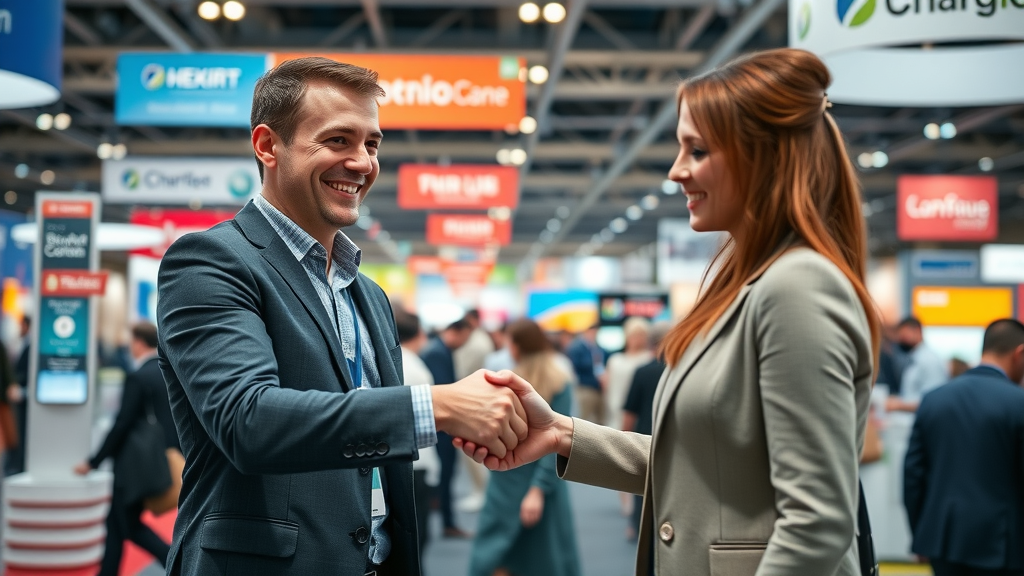 satisfied business client leaving a positive review at a B2B expo, reinforcing a positive online reputation