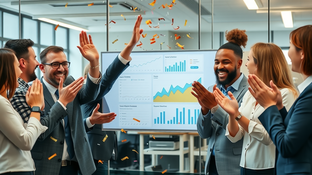 Business team celebrating traffic spike after SEO content optimization