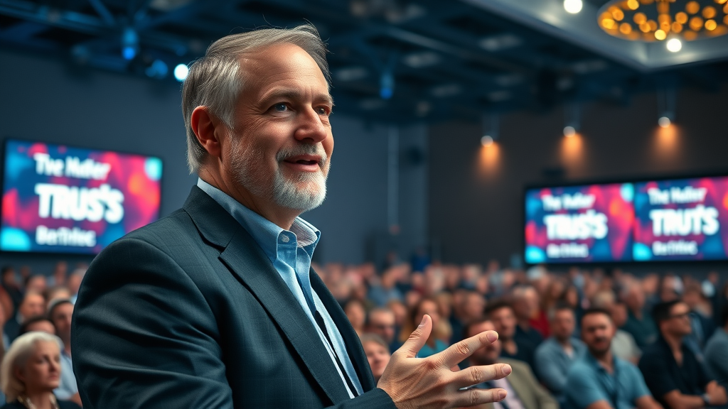 Respected industry thought leader guiding B2B customers at a conference to build trust