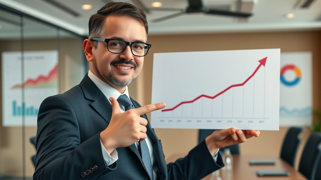 marketing strategy: motivated business executive presenting strategic roadmap in a modern conference room, growth chart highlighted