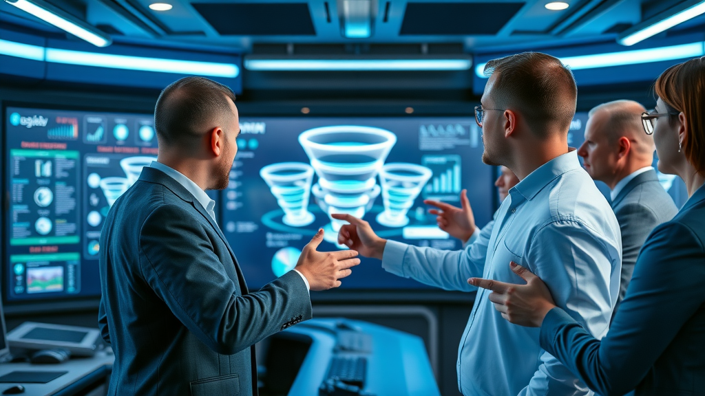 Focused sales team optimizing digital sales funnel. Futuristic control room with holographic funnel graphics, blue neon accents and LED lighting.