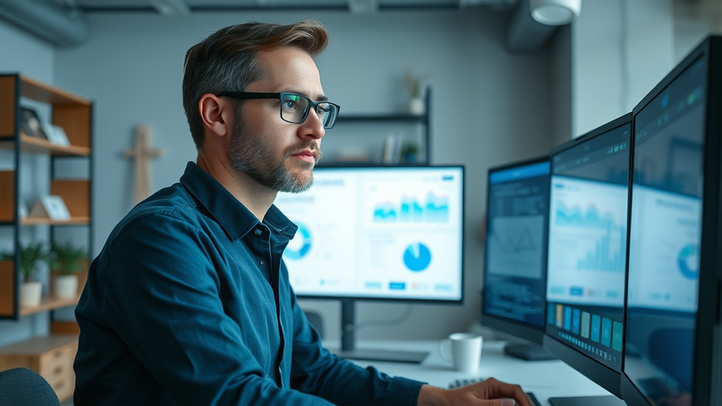 marketing metric strategist reviewing dashboard with animated graphs, modern workspace for measuring content