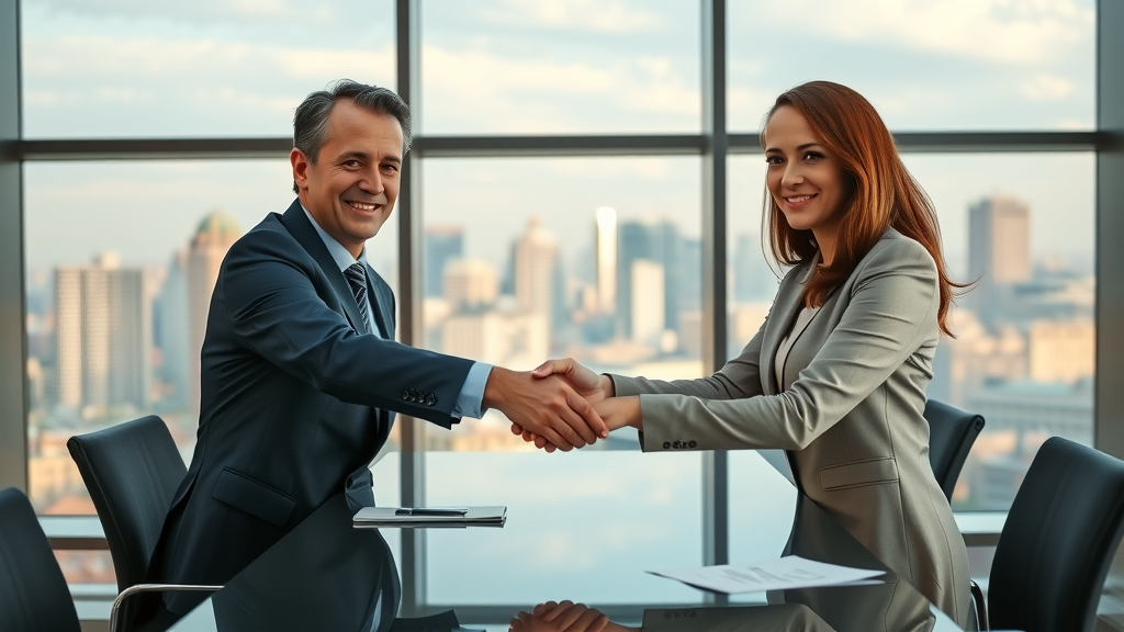 Two business professionals shaking hands, building trust in B2B client relationship management