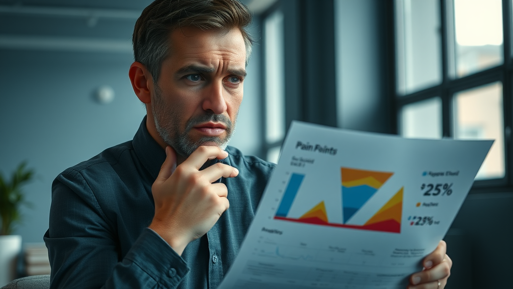 B2B marketing strategies - Stressed marketing manager reviewing pain points on a digital marketing funnel chart in a contemporary office.