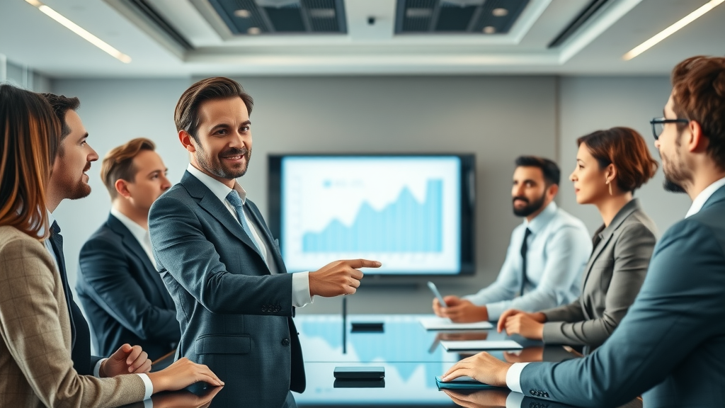 B2B lead generation strategist presenting digital revenue growth insights to a diverse executive team.