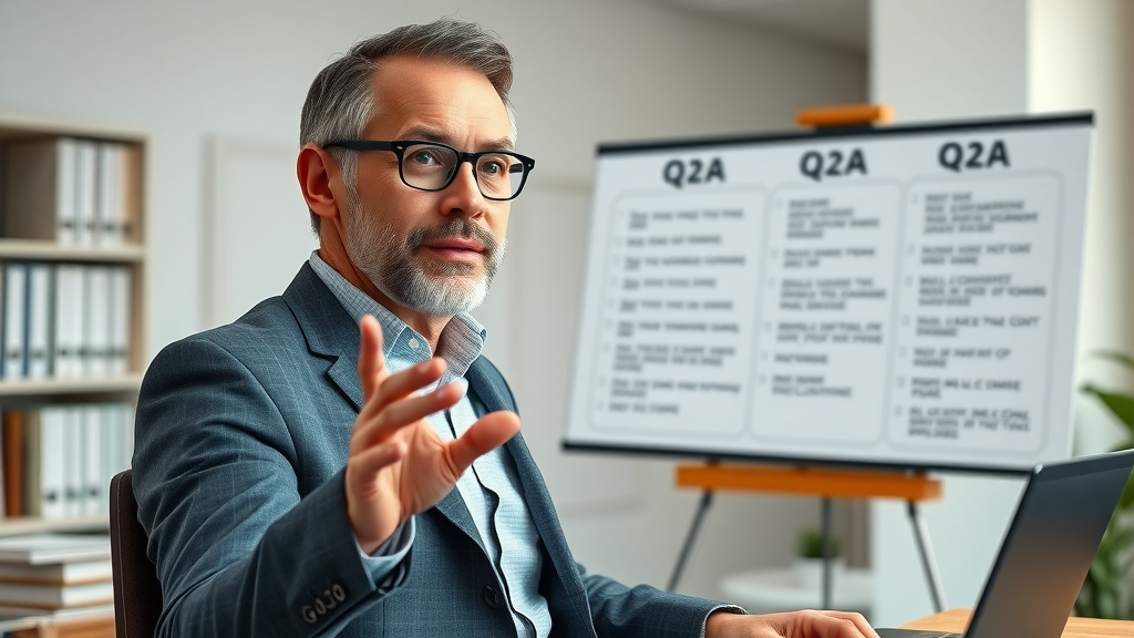 B2B business expert answering client social media questions in a consulting office.