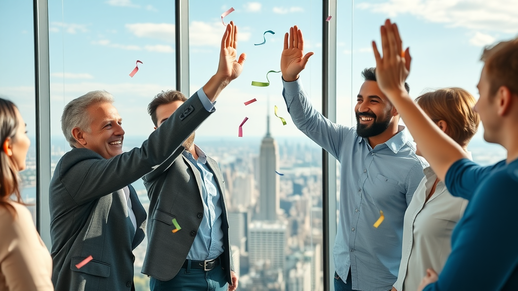celebrating marketing team reviewing positive B2B social media case study results with high-fives