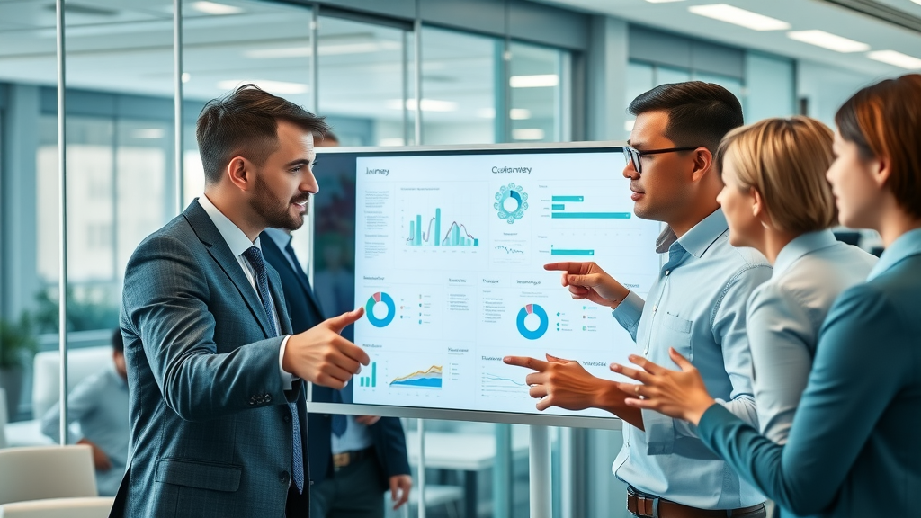 Business team analyzing B2B customer journey map together in modern office, discussing colorful charts on large display