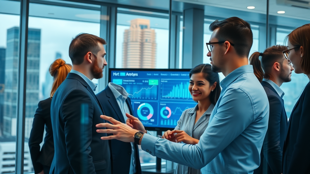social media analytics - business team reviewing real-time analytics dashboards in a modern office