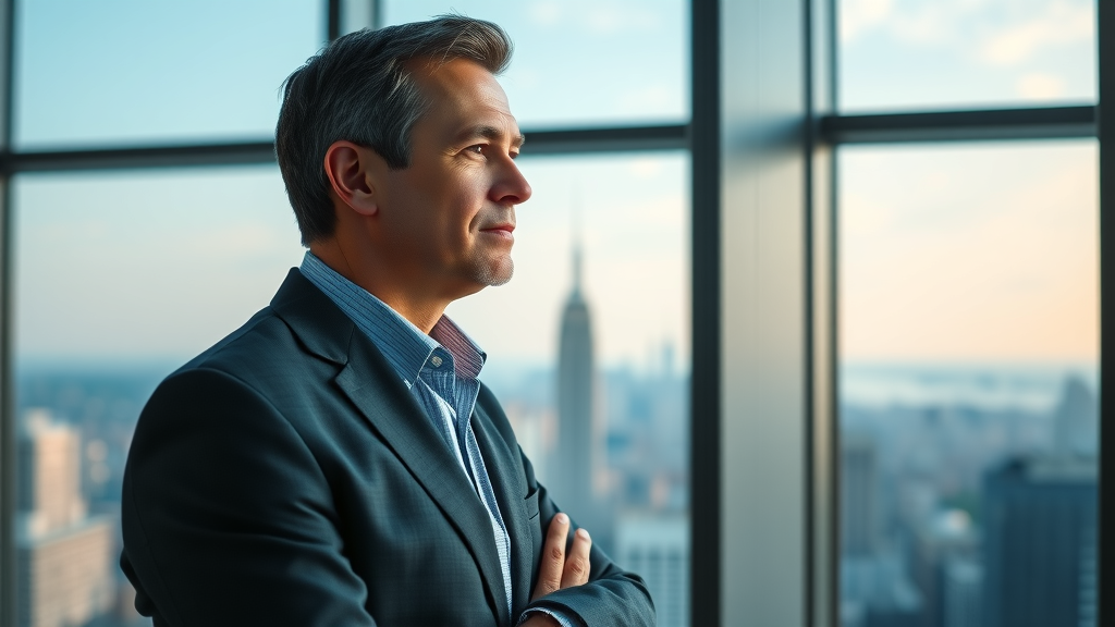 thoughtful corporate leader reflecting on online reputation management over a city skyline