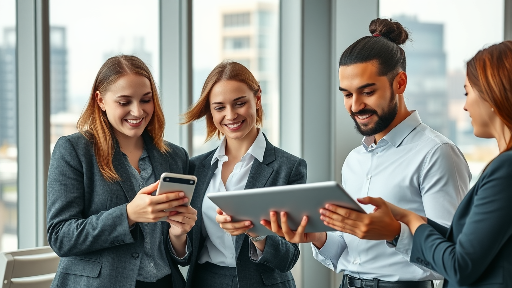 B2B brand reputation corporate team collaborating in modern office with cityscape view
