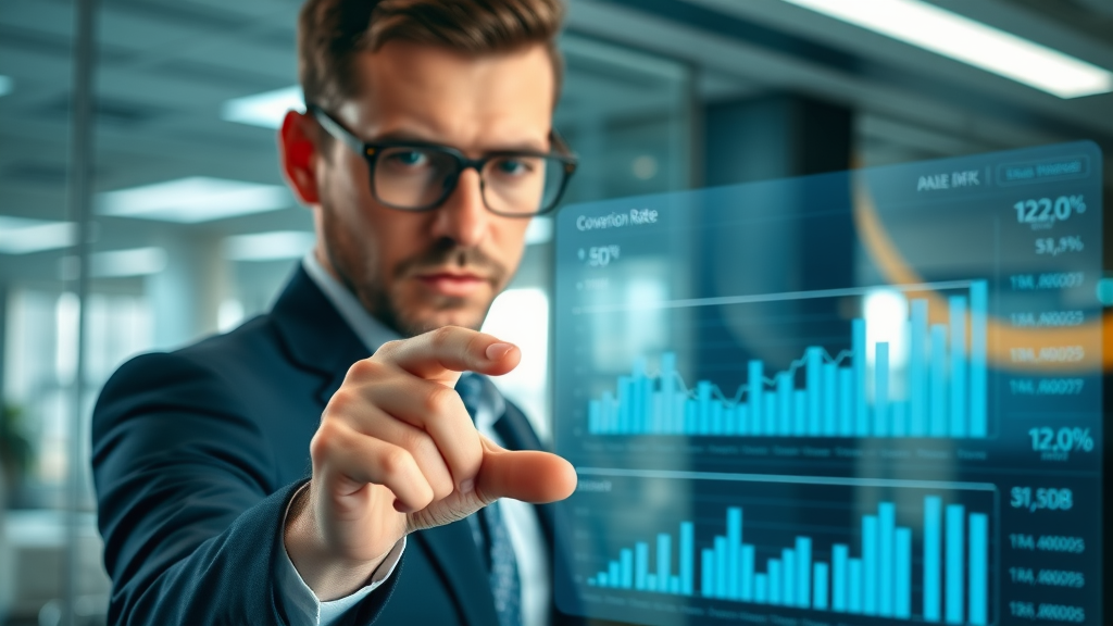 analytical businessperson examining conversion rate graphs in B2B funnel dashboard