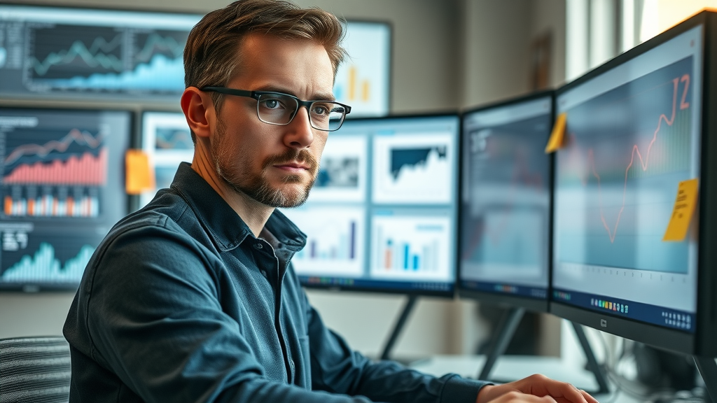data analyst reviewing digital marketing KPIs, monitoring campaign performance metrics, marketing strategy analytics workspace