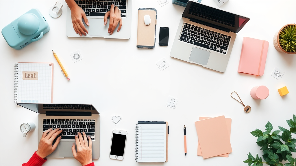 digital marketing toolkit, flat lay, essential marketing strategy tools arranged for digital marketers