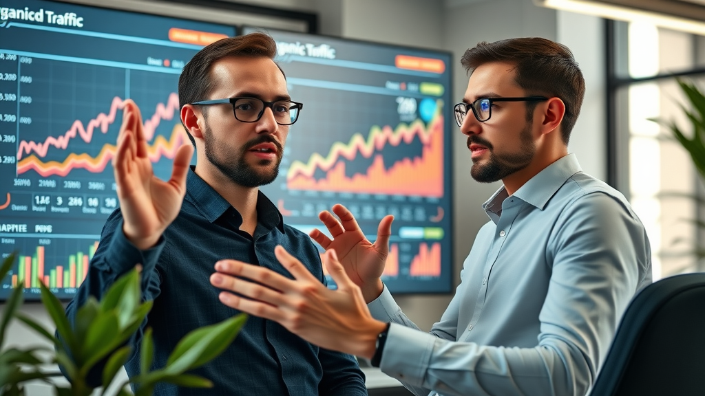 SEO content optimization dashboard showing rising organic traffic charts, professionals analyzing data in a modern office workspace