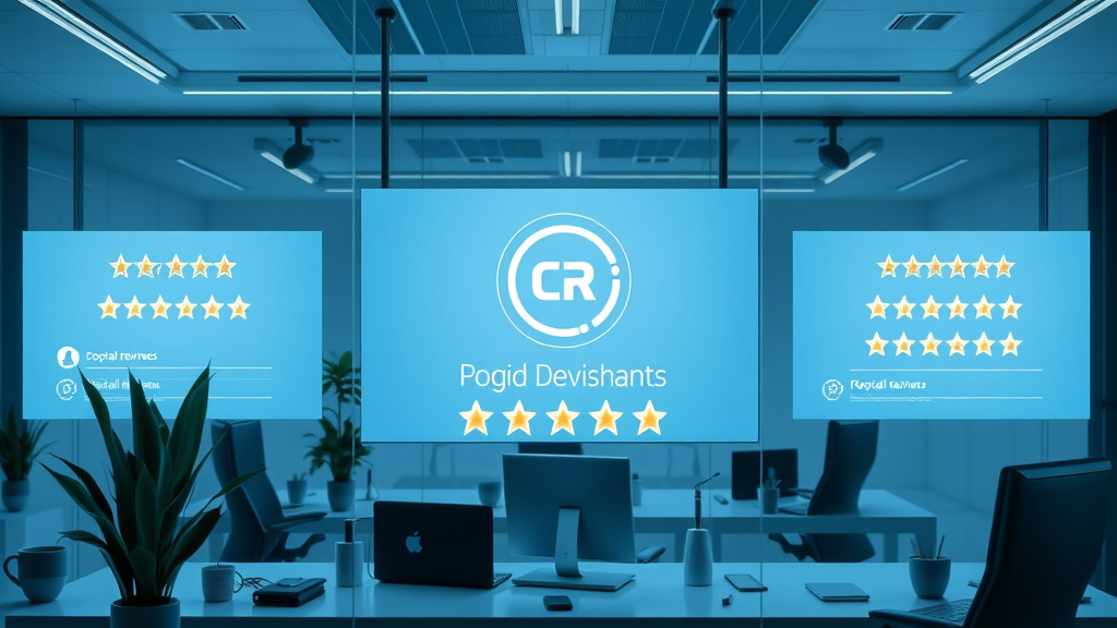corporate reputation marketing branding and positive digital reviews, logo, digital badges, minimalist office