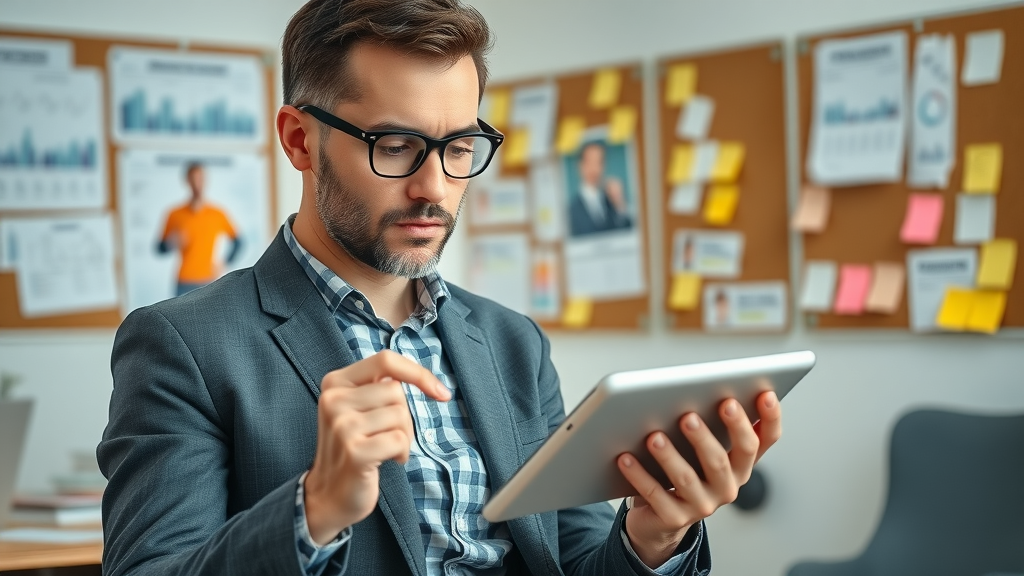 Business strategist analyzing B2B buyer persona profiles for funnel alignment