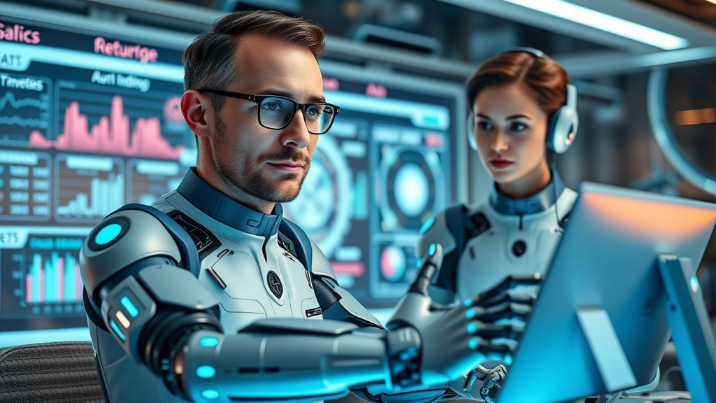 visionary B2B marketers using AI-powered automation tools in futuristic workspace
