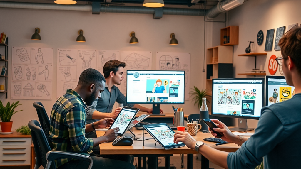 creative team developing social media ad creative for high ROI; designers and animators crafting media ad visuals in a studio