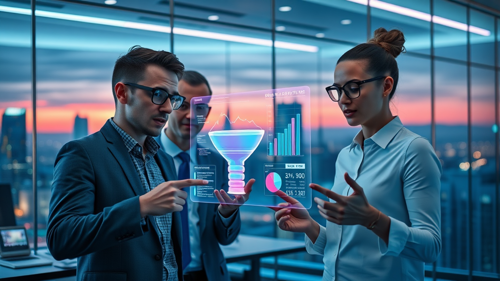Futuristic B2B sales team analyzing AI-powered sales funnel trends