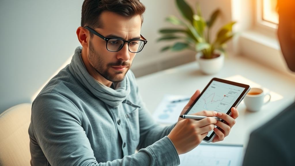 Confident business analyst sketching B2B customer journey map on digital tablet in modern workspace