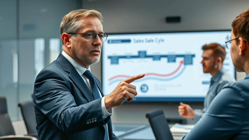 Confident executive explaining complex B2B sales cycles to team, timeline diagrams and digital process flows in boardroom setting.