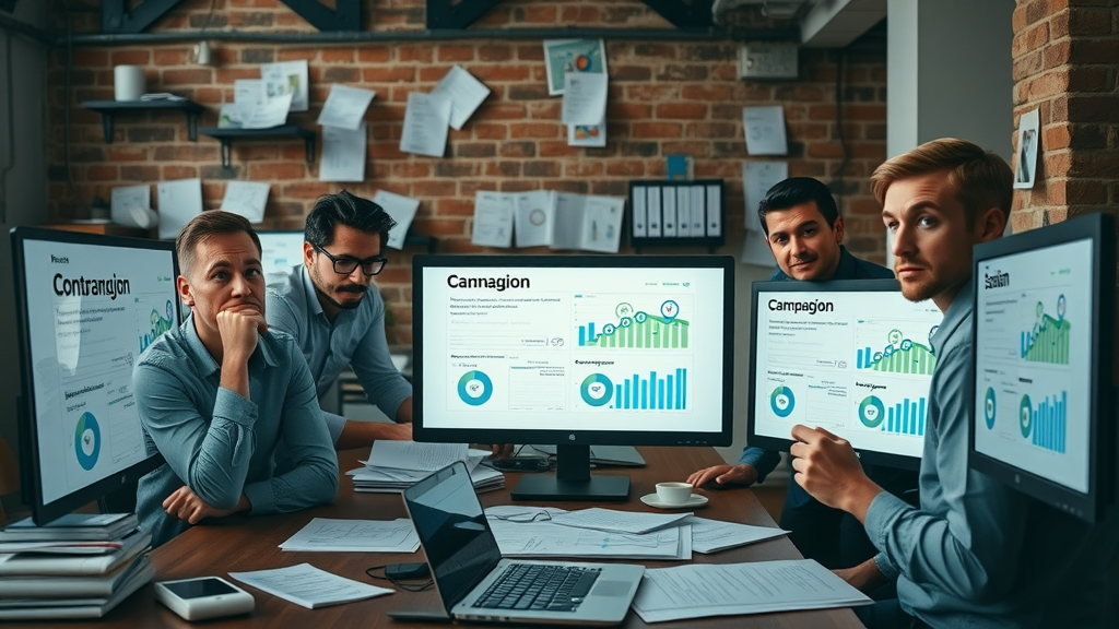business team frustrated by failed social media marketing campaigns, reviewing confusing data and chaotic posts