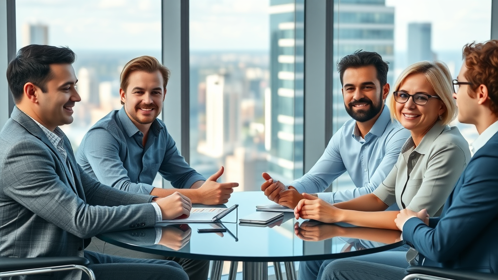 Modern B2B professionals discussing online reviews analytics, reputation marketing tactics, in a corporate office with city skyline