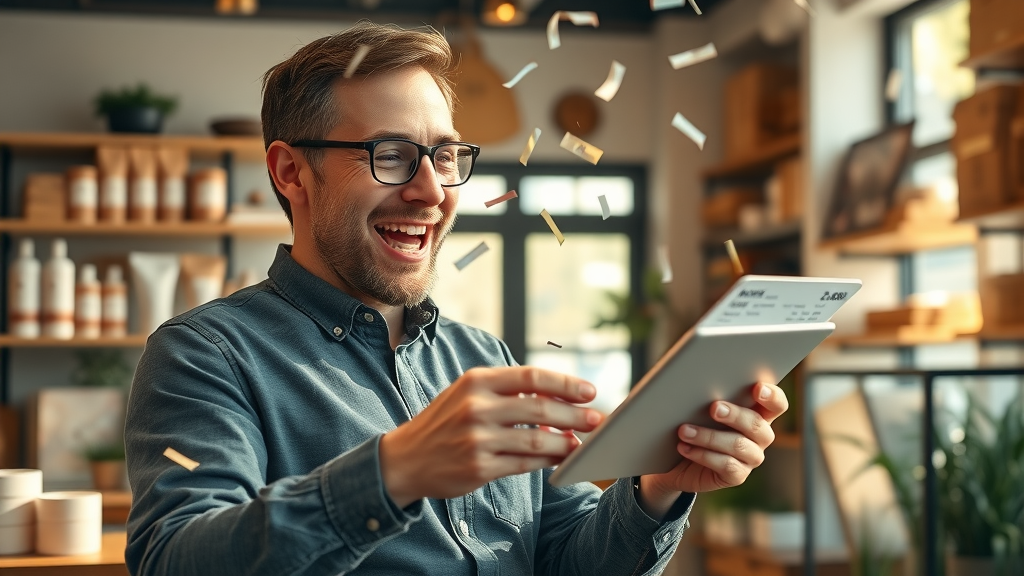 small business owner celebrating digital marketing strategy revenue growth, happy sales report