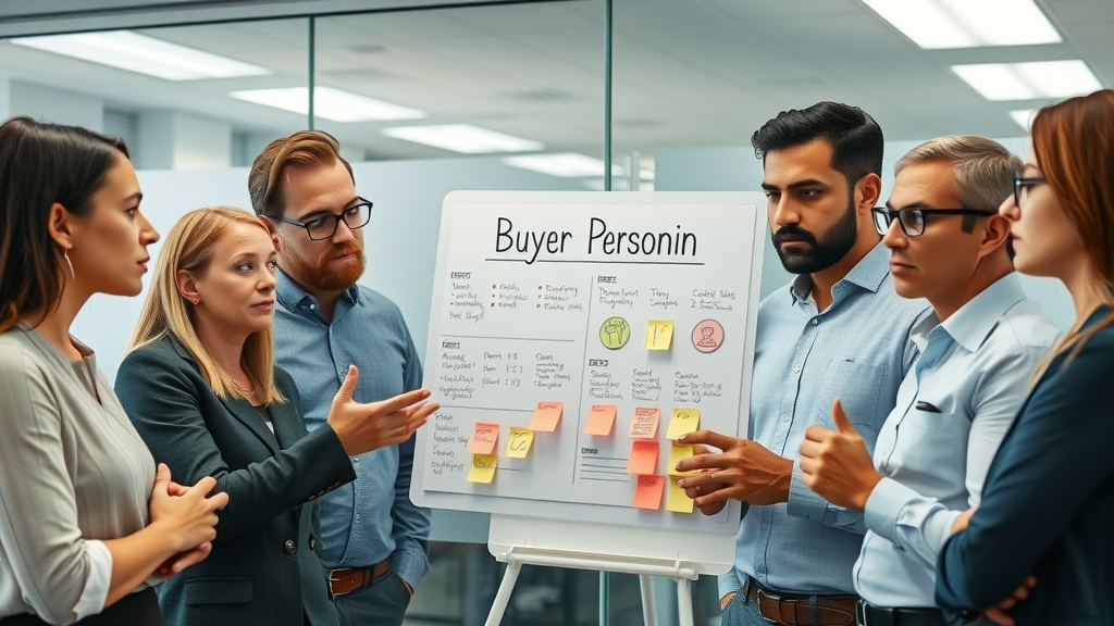 Business team reviewing B2B buyer persona charts for targeted content creation in a modern office