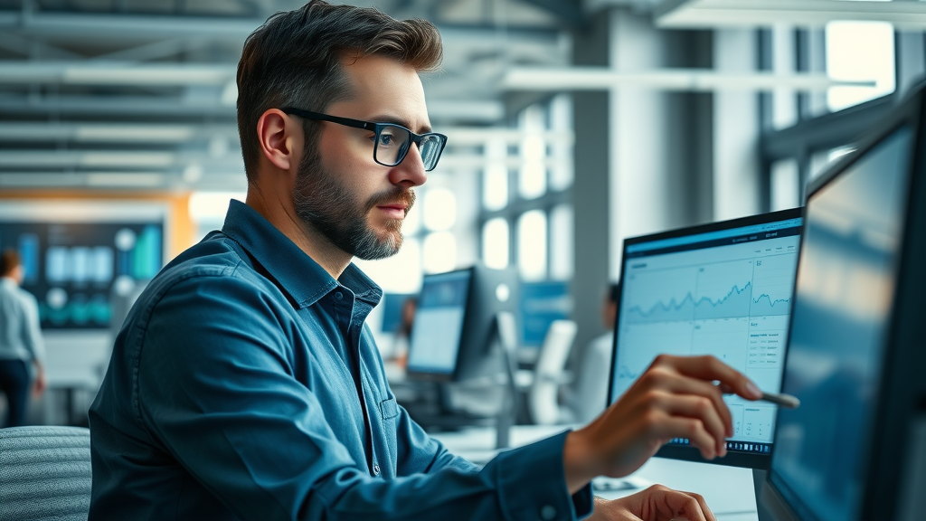data analyst reviewing B2B social media analytics and engagement trends on monitors