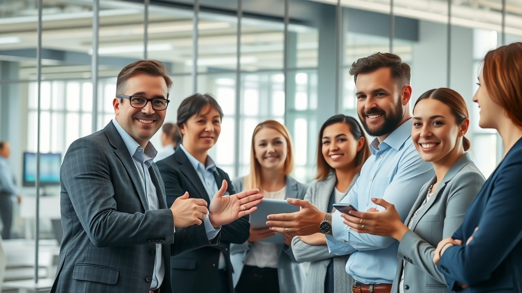 B2B brand awareness team collaborating in modern office, professional