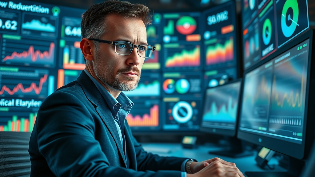 B2B marketing executive operating reputation marketing software dashboard with analytics and digital charts, brand reputation, online presence