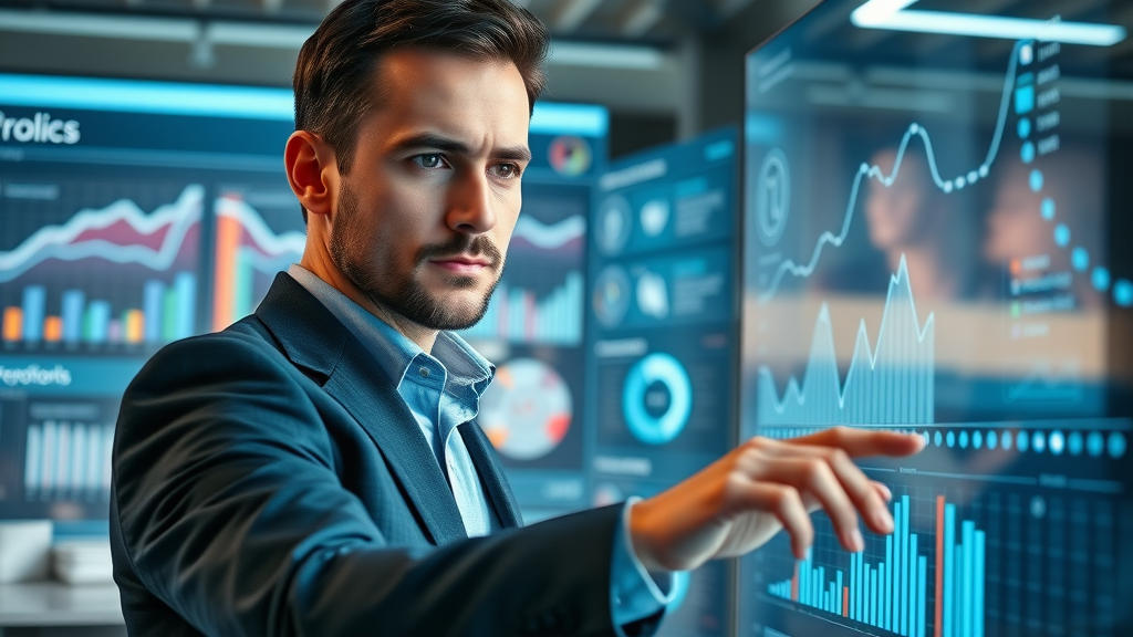 B2B marketer using reputation management software dashboard, digital metrics visible