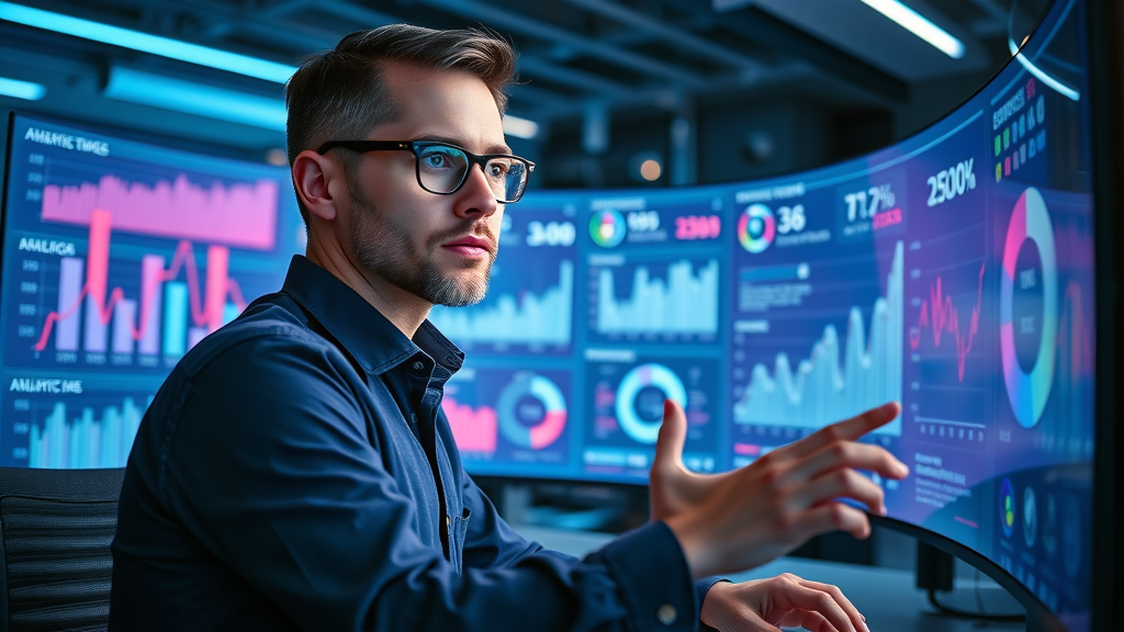 social media analytics - marketer monitoring live analytics dashboard with data visualization