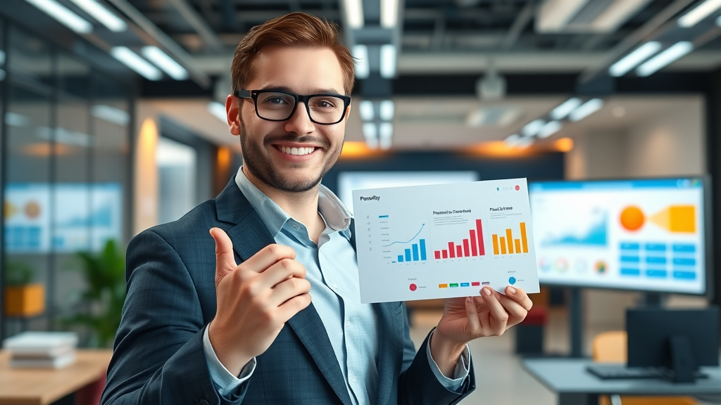 Confident sales representative presenting digital prospecting dashboard showing business prospecting techniques in a sleek office