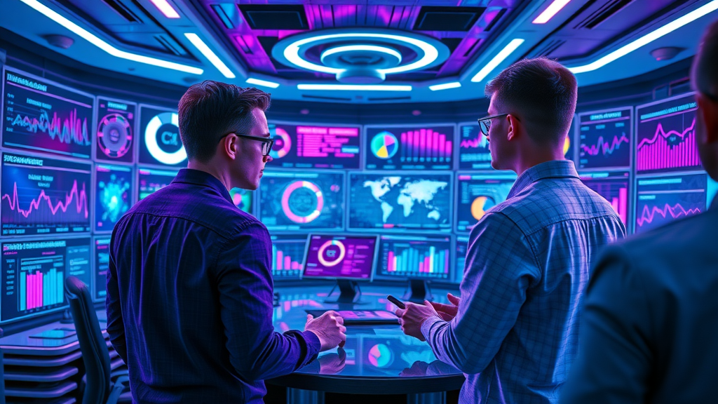 futuristic marketing control room with AI and automation for social media advertising; marketers using intelligent dashboards; adapting to privacy updates