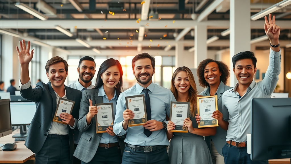 Corporate team celebrating positive reputation wins, reputation marketing tactics, in an open office with awards and computer monitors