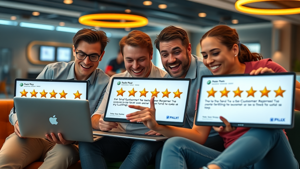 Business team reviewing glowing 5-star customer reviews on laptops and tablets, reputation marketing tactics, in a stylish office lounge